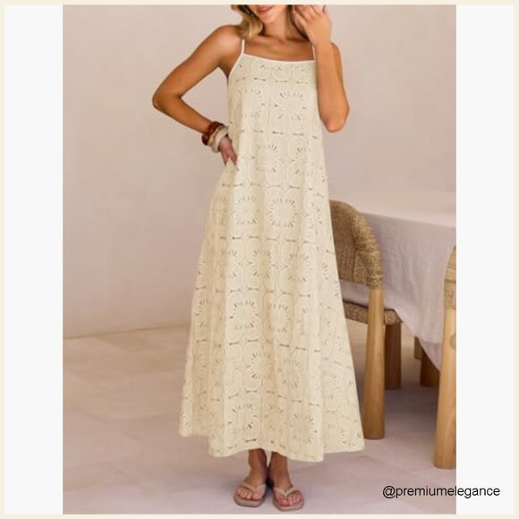 Summer Spaghetti Strap Floral Lace Maxi Dress with Pockets - Picture 4 of 7